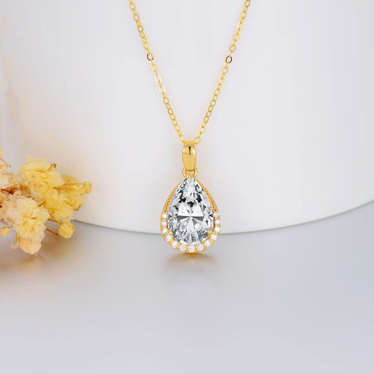 10K Gold Pear Shaped Cubic Zirconia & Diamond Drop Shape Pendant Necklace-3