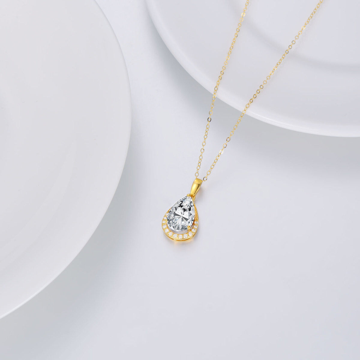 10K Gold Pear Shaped Cubic Zirconia & Diamond Drop Shape Pendant Necklace-4