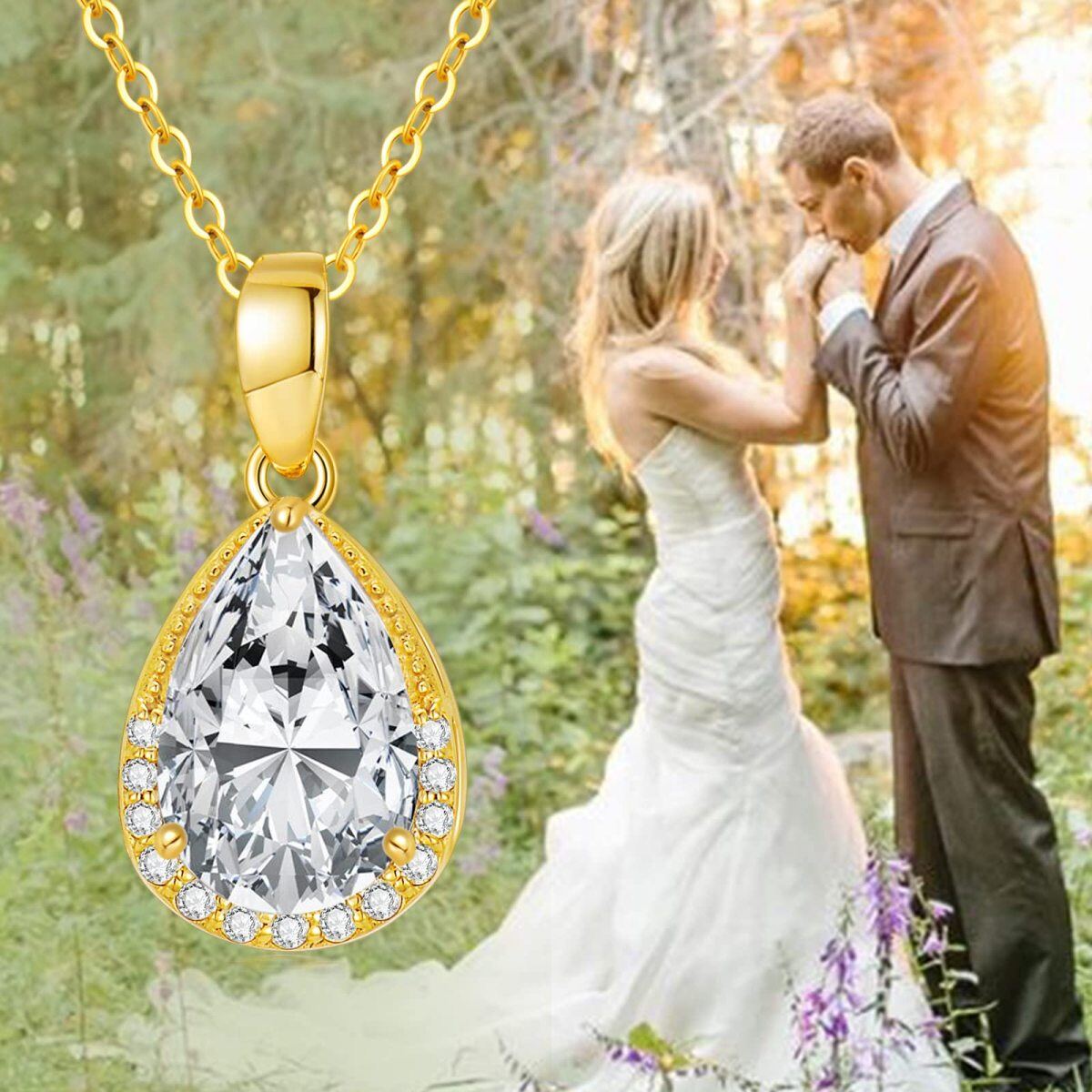 10K Gold Pear Shaped Cubic Zirconia & Diamond Drop Shape Pendant Necklace-6