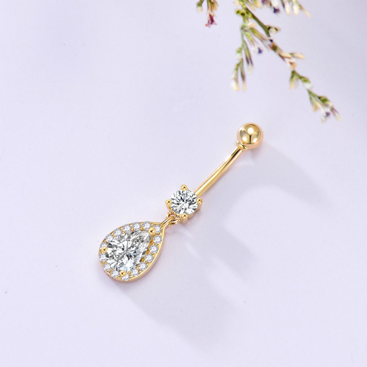 10K Gold Pear Shaped Cubic Zirconia Drop Shape Belly Button Ring-3