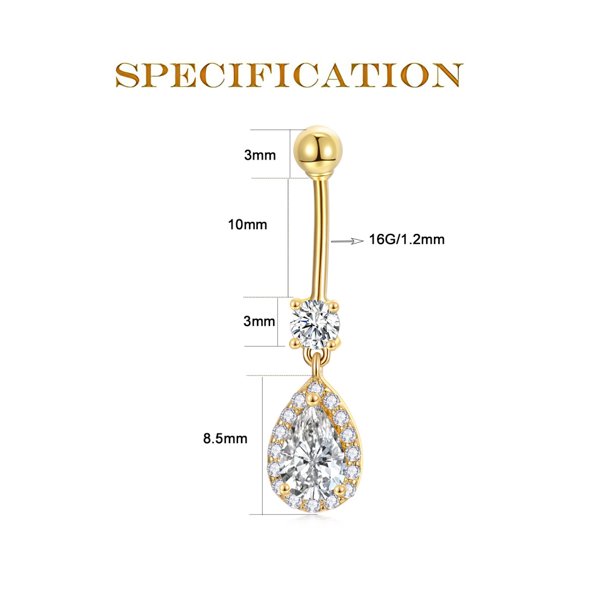 14K Gold Pear Shaped Cubic Zirconia Drop Shape Belly Button Ring-5