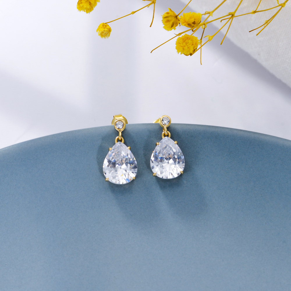 Pendientes colgantes de circonita cúbica en forma de pera de oro de 14 quilates para mujer-3