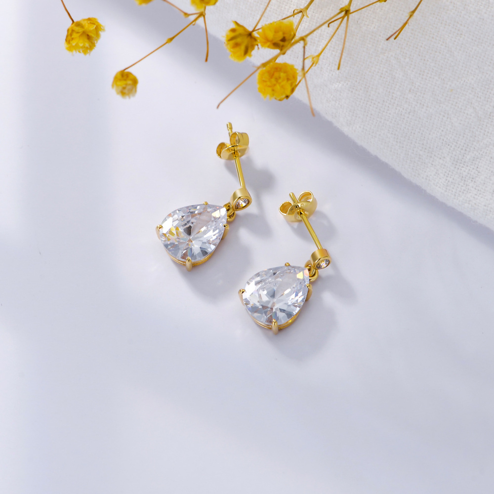 Pendientes colgantes de circonita cúbica en forma de pera de oro de 14 quilates para mujer-4
