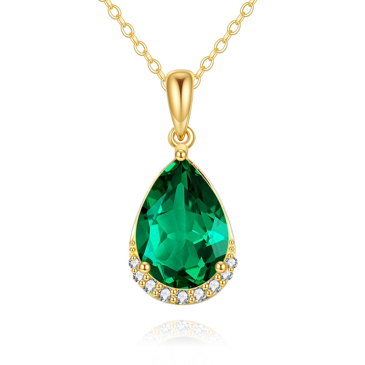 10K Gold Pear Shaped Emerald Crystal Drop Shape Pendant Necklace-1