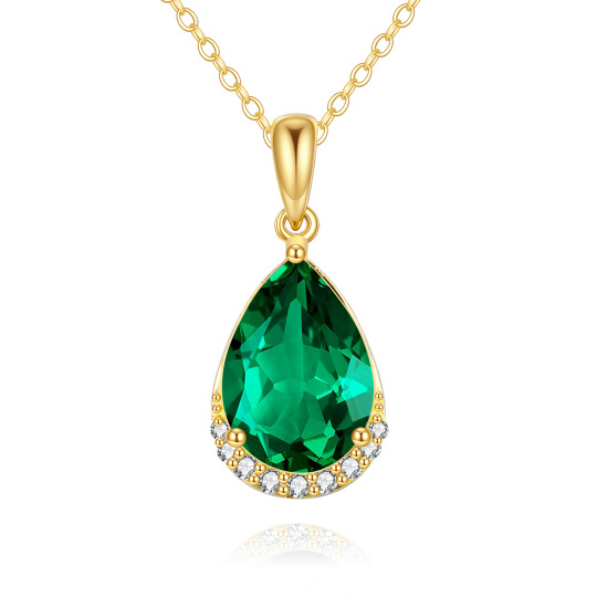 14K Gold Pear Shaped Emerald Crystal Drop Shape Pendant Necklace