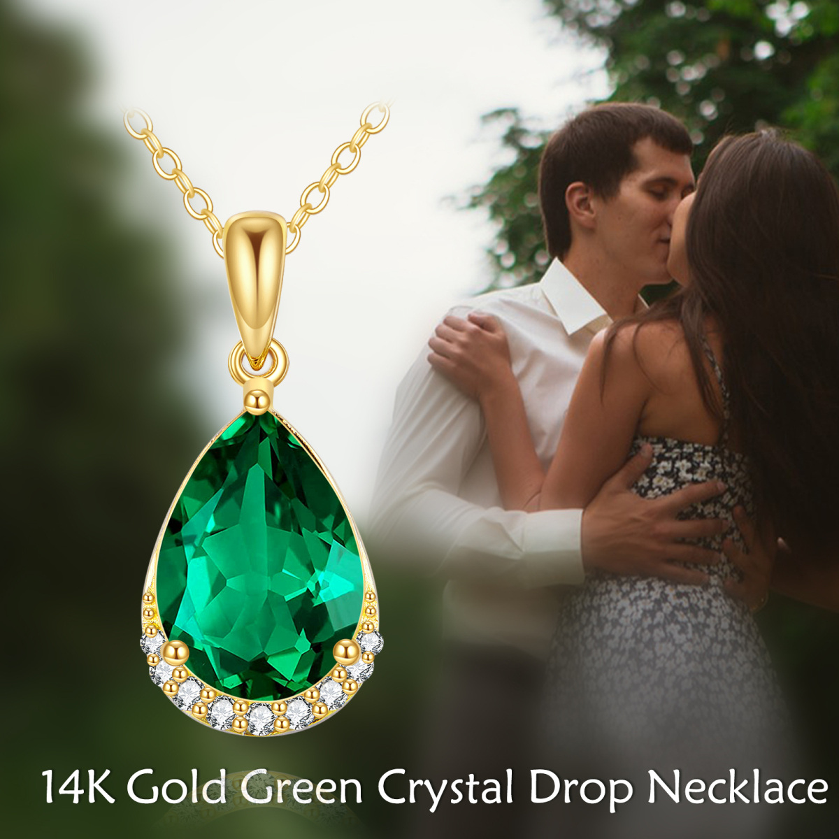 10K Gold Pear Shaped Emerald Crystal Drop Shape Pendant Necklace-6