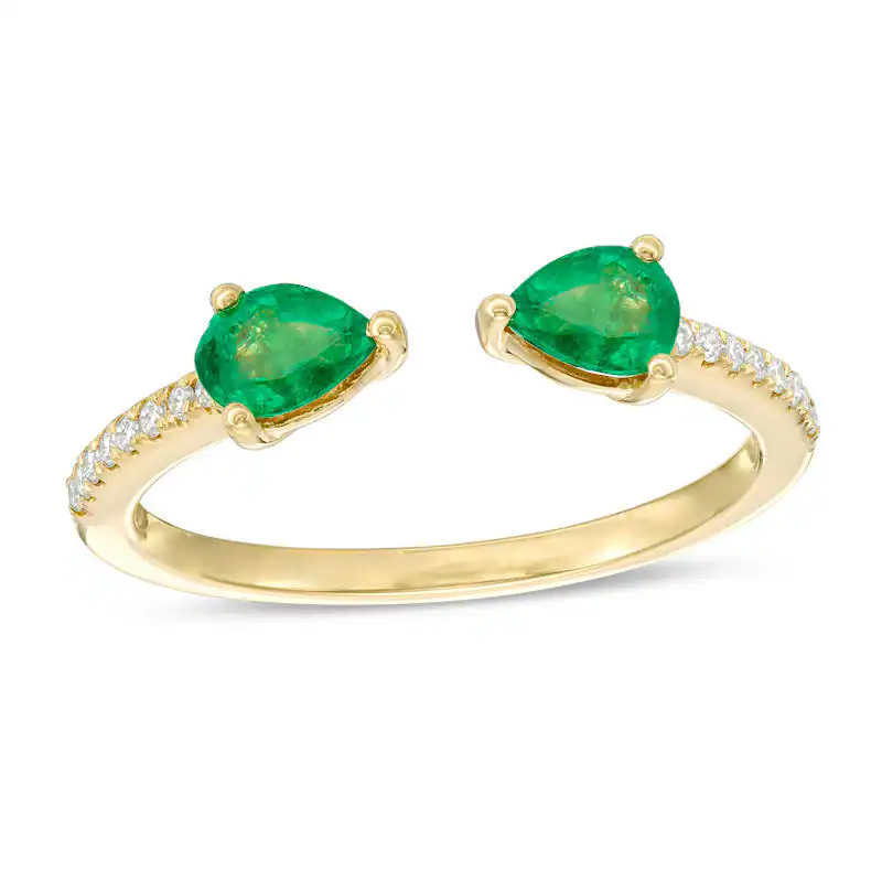 10K Gold Pear Shaped Emerald and Diamond Accent Open Shank Ring-1