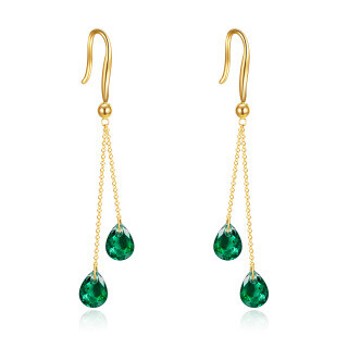 10K Gold Pear Emerald Cubic Zirconia Drop Earrings For Women-34