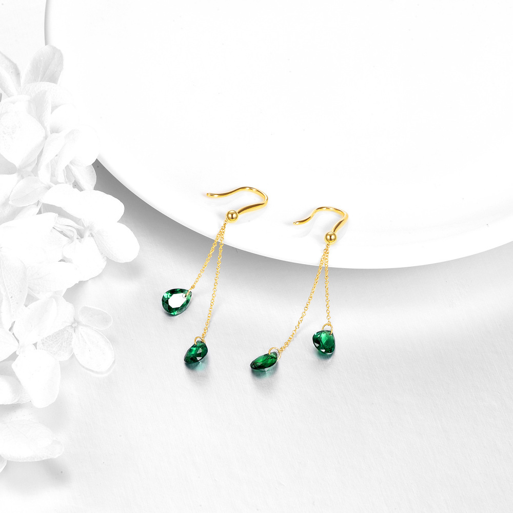 10K Gold Pear Emerald Cubic Zirconia Drop Earrings For Women-4