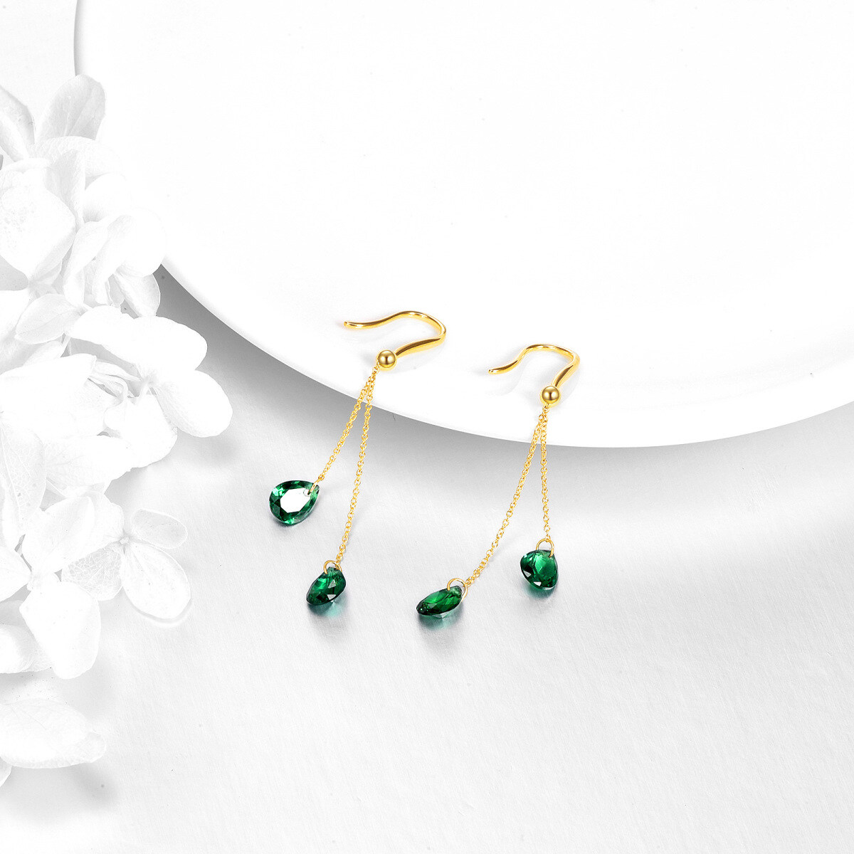 14K Gold Pear Emerald Drop Earrings For Women-4