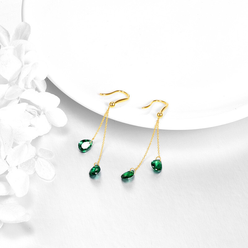 10K Gold Pear Emerald Cubic Zirconia Drop Earrings For Women-4