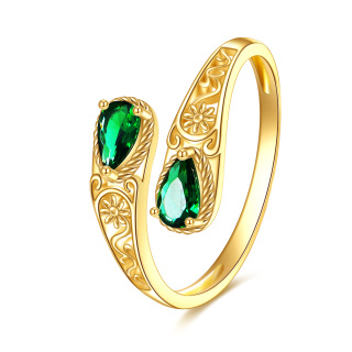 14K Gold Pear Shaped Emerald Flower Open Ring-3