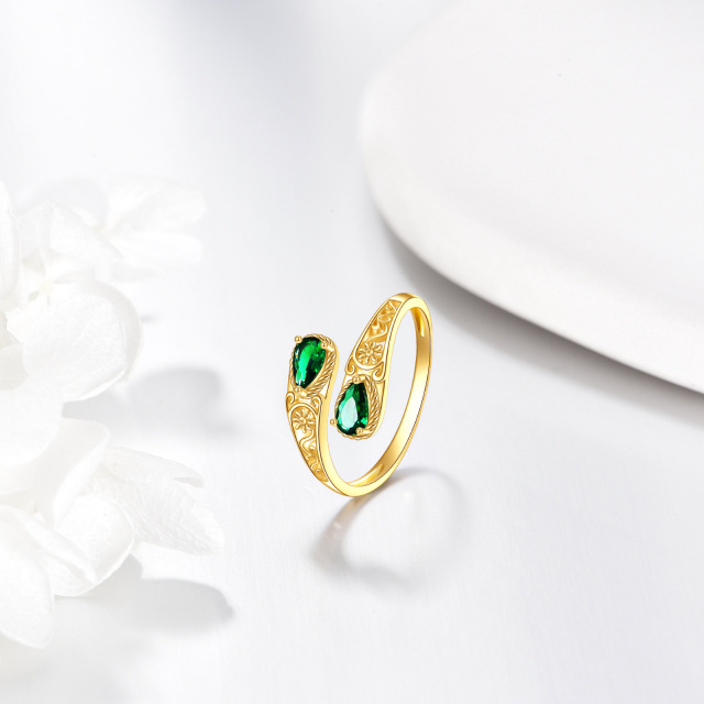 10K Gold Pear Shaped Emerald Flower Open Ring-3