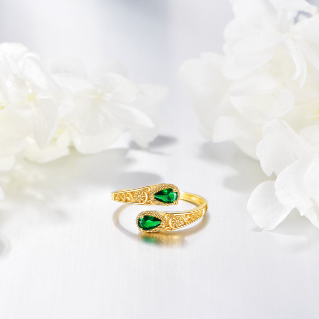 10K Gold Pear Shaped Emerald Flower Open Ring-4