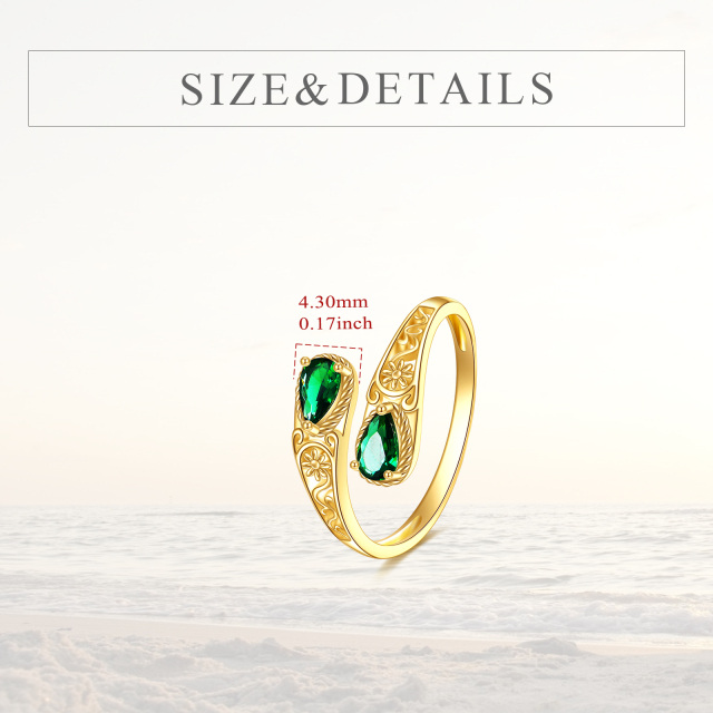 10K Gold Pear Shaped Emerald Flower Open Ring-5