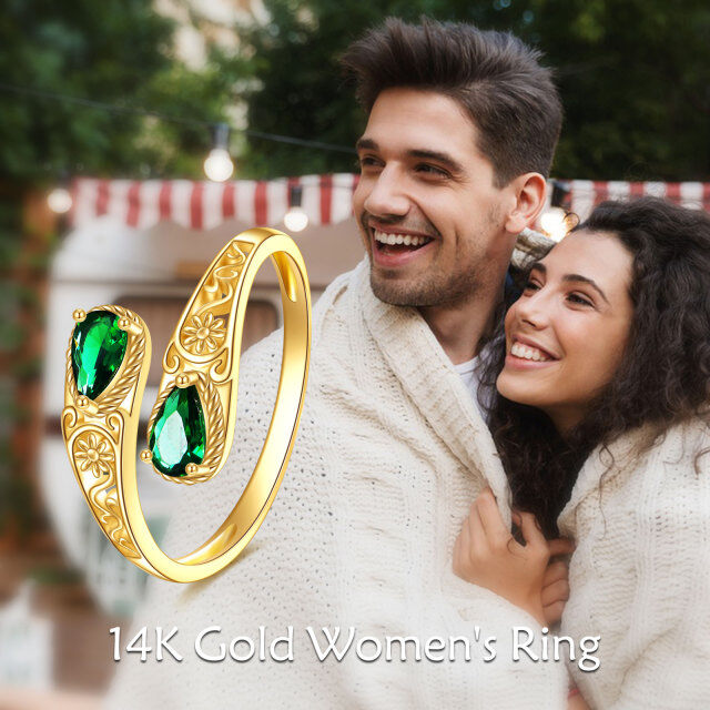 14K Gold birnenförmiger Smaragd Blume offener Ring-6