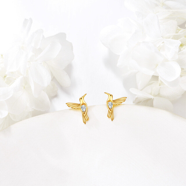 14K Gold Pear Shaped Cubic Zirconia Hummingbird Stud Earrings-3