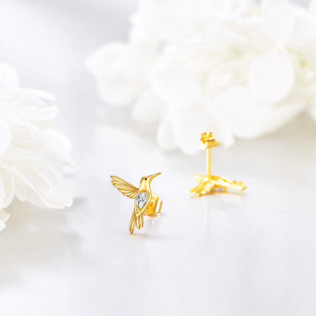 14K Gold Pear Shaped Cubic Zirconia Hummingbird Stud Earrings-4