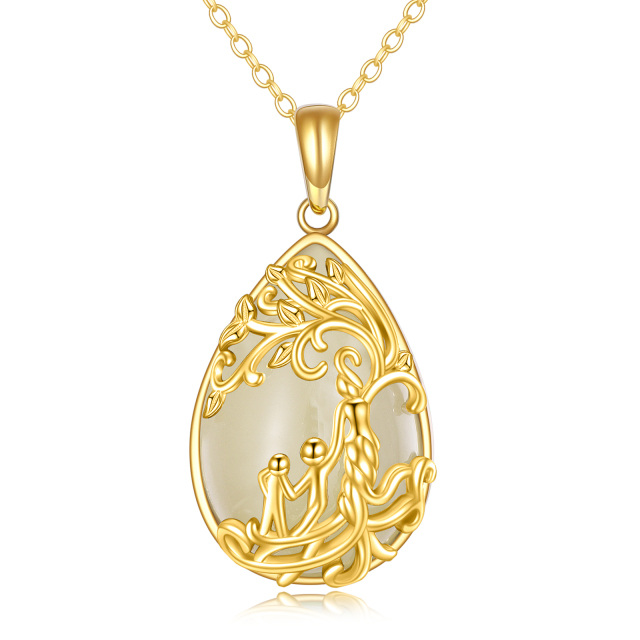 14K Gold Pear Shaped Jade Tree Of Life & Mother Pendant Necklace