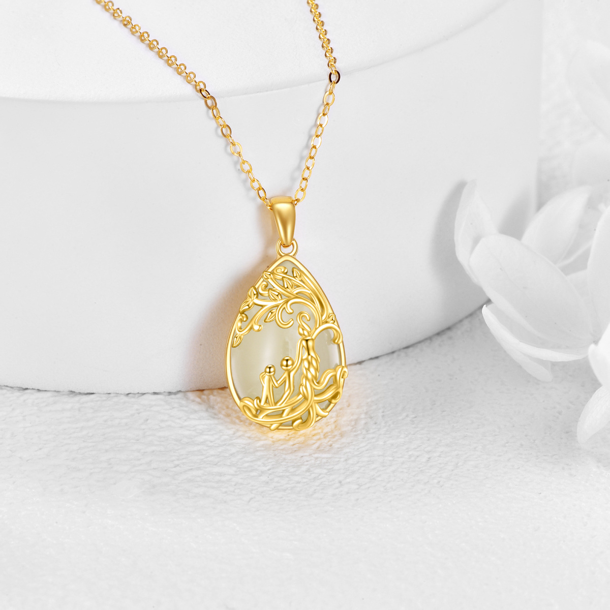 Colar com pingente de árvore da vida e mãe de jade em forma de pera em ouro 14K-3