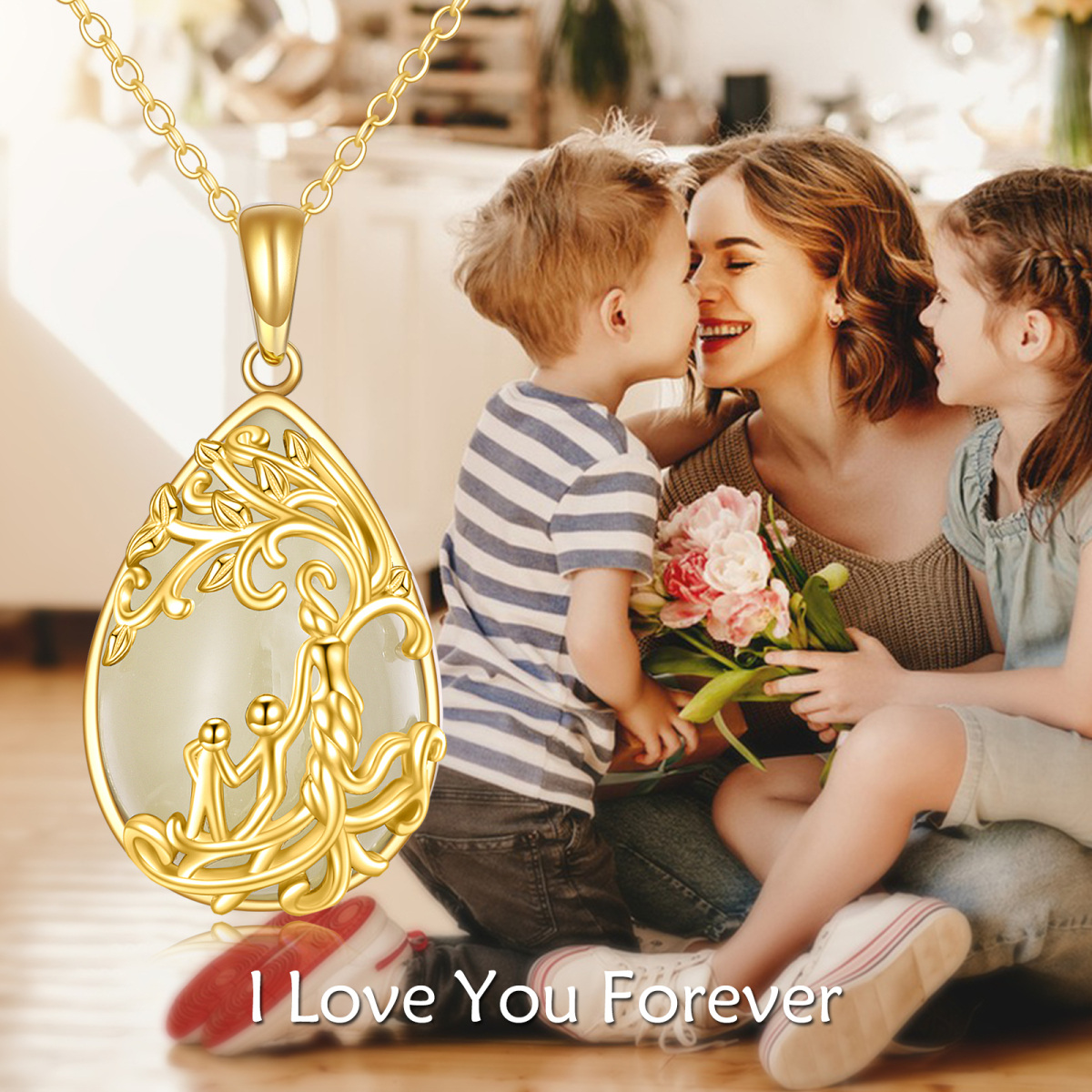 Colar com pingente de árvore da vida e mãe de jade em forma de pera em ouro 14K-5