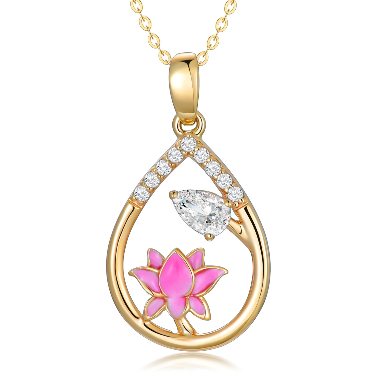 Collana con ciondolo Lotus in oro 14K a forma di pera con zirconi cubici-1