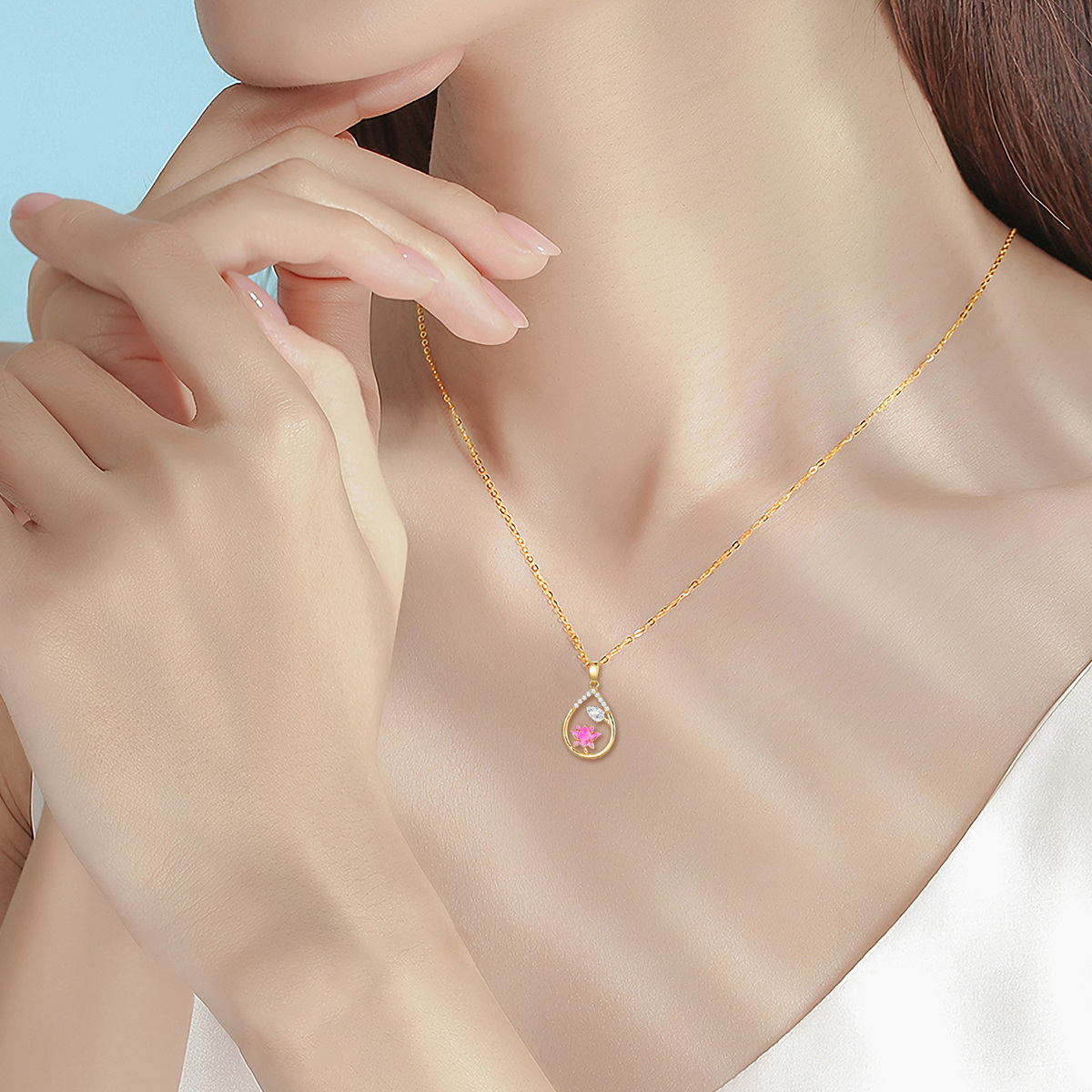 Colar de flor de lótus rosa ouro 14k com zircônia cúbica para mulheres-2