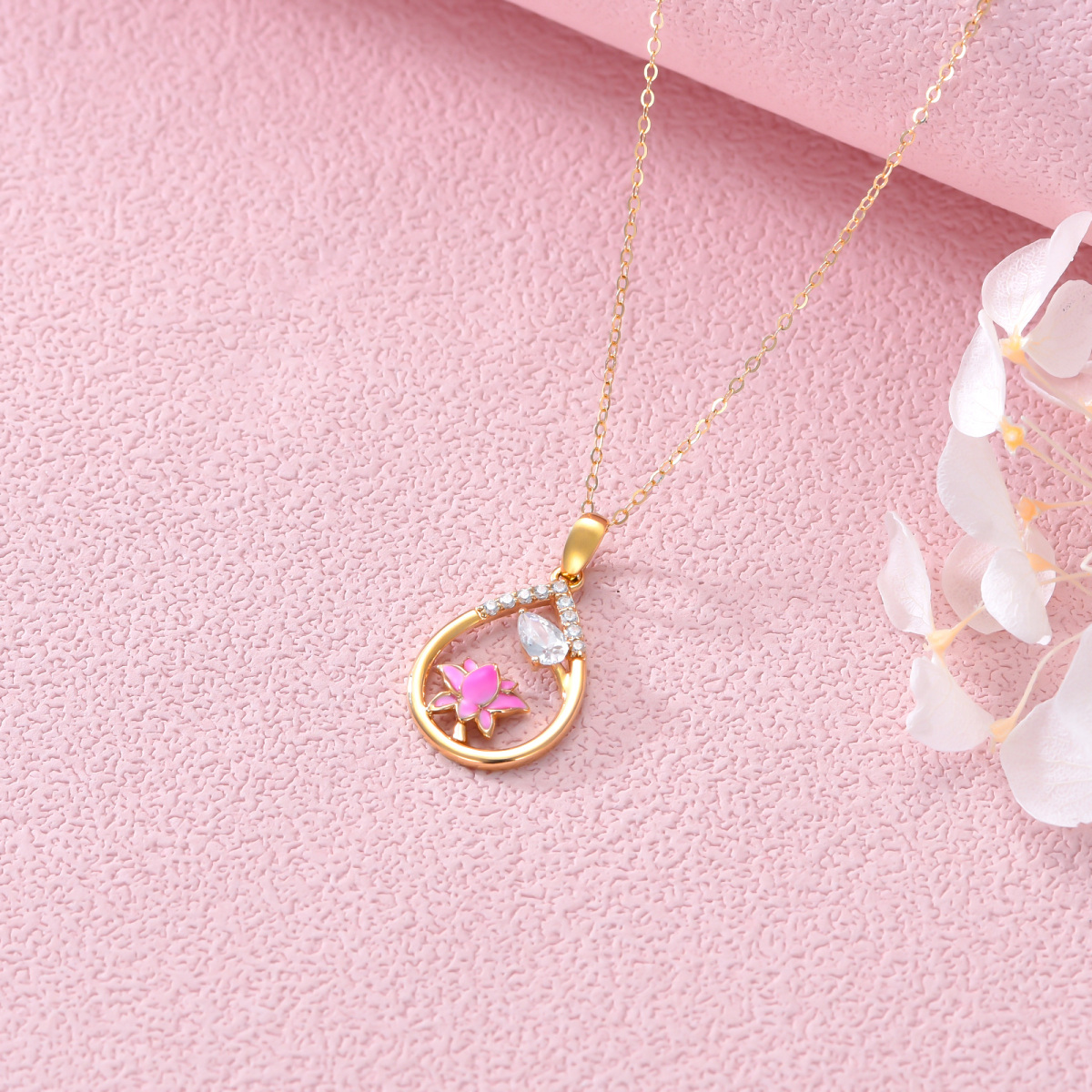 Colar de flor de lótus rosa ouro 14k com zircônia cúbica para mulheres-3