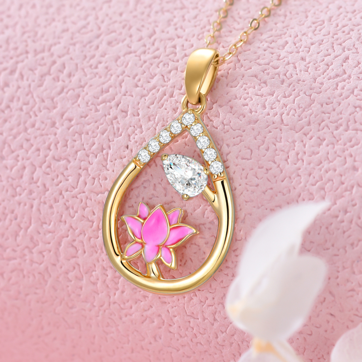 Colar de flor de lótus rosa ouro 14k com zircônia cúbica para mulheres-4