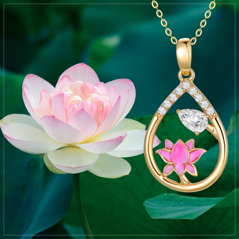 10K Gold Pear Shaped Cubic Zirconia Lotus Pendant Necklace-5