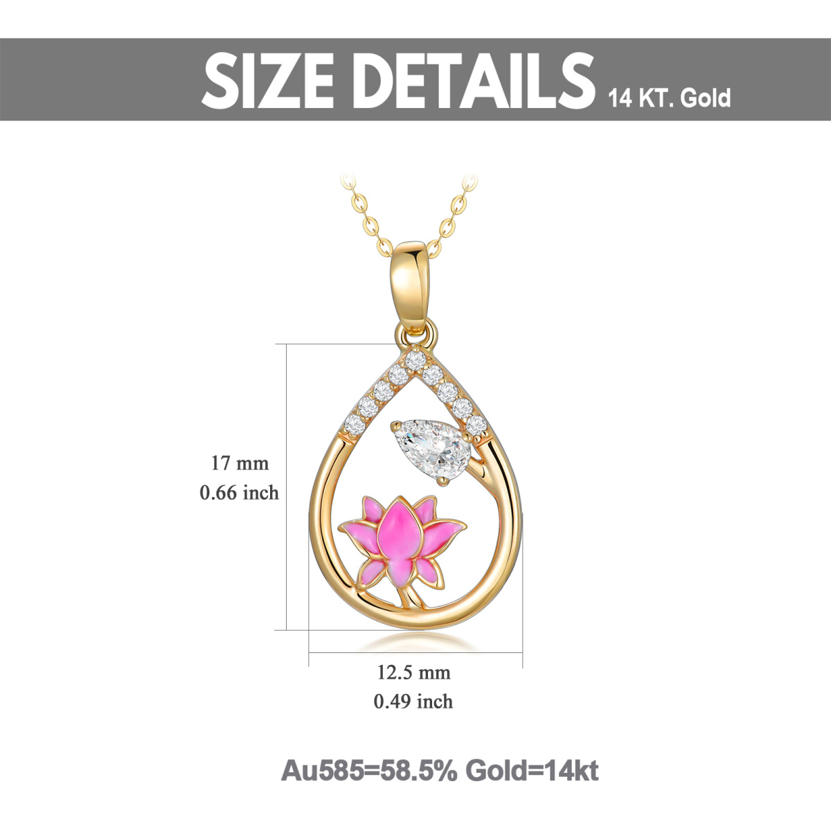 14K Gold Birne geformt Cubic Zirkonia Lotus Anhänger Halskette-6