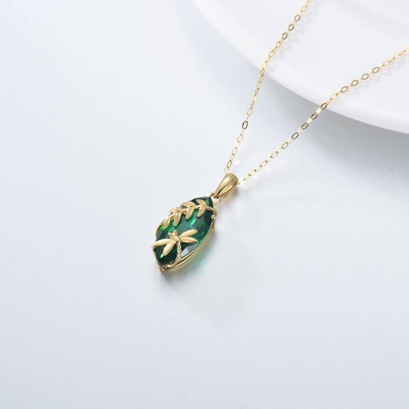 10K Gold Pear Shaped Moissanite Dragonfly & Leaves Pendant Necklace-3