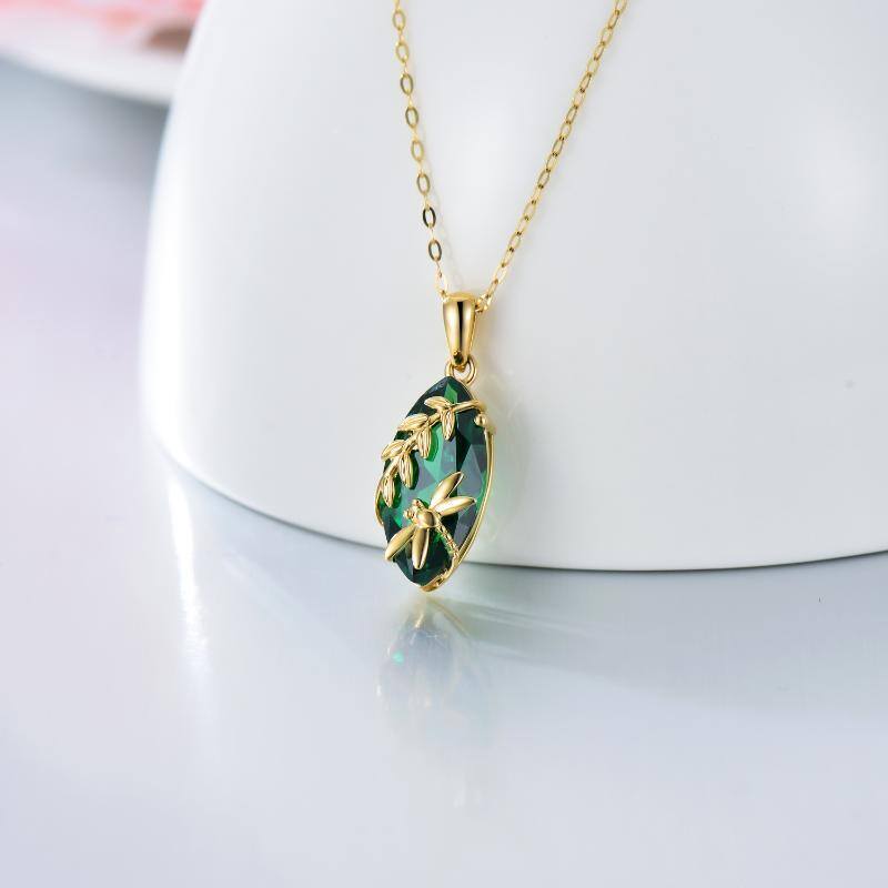 10K Gold Pear Shaped Moissanite Dragonfly & Leaves Pendant Necklace-4