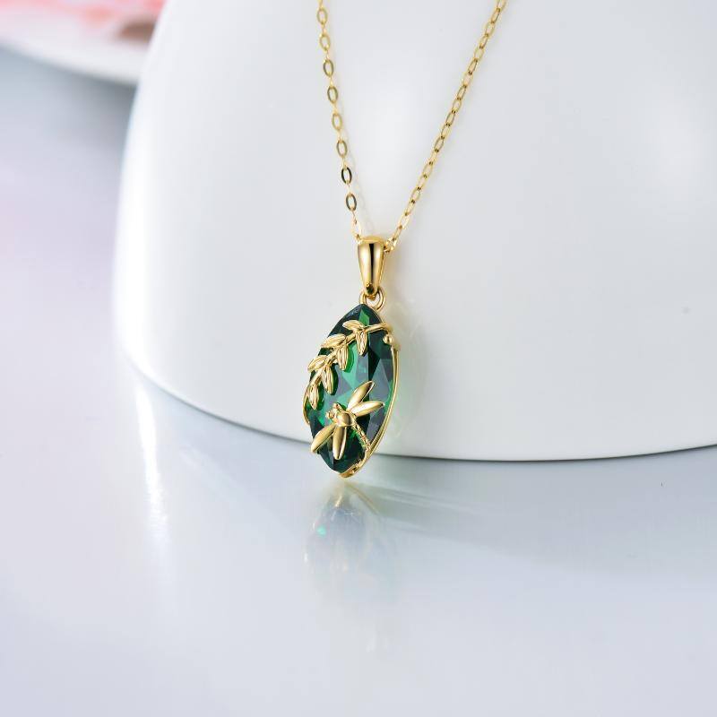 10K Gold Pear Shaped Emerald Dragonfly & Leaves Pendant Necklace-4