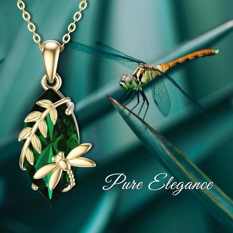 10K Gold Pear Shaped Emerald Dragonfly & Leaves Pendant Necklace-5
