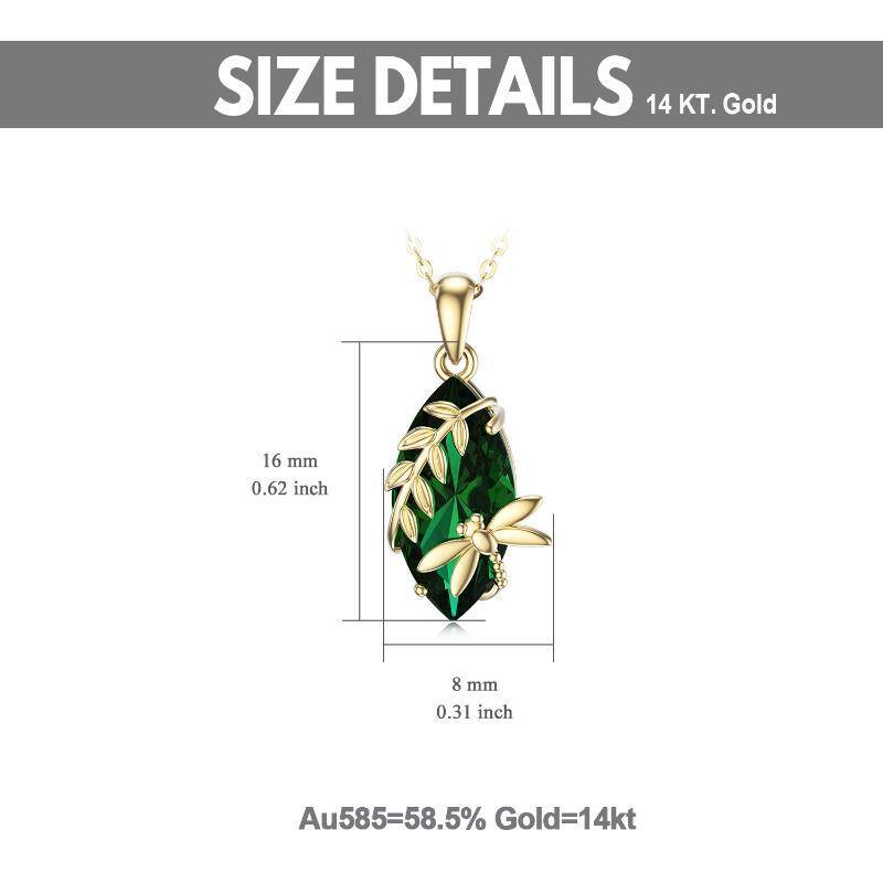 10K Gold Pear Shaped Emerald Dragonfly & Leaves Pendant Necklace-6