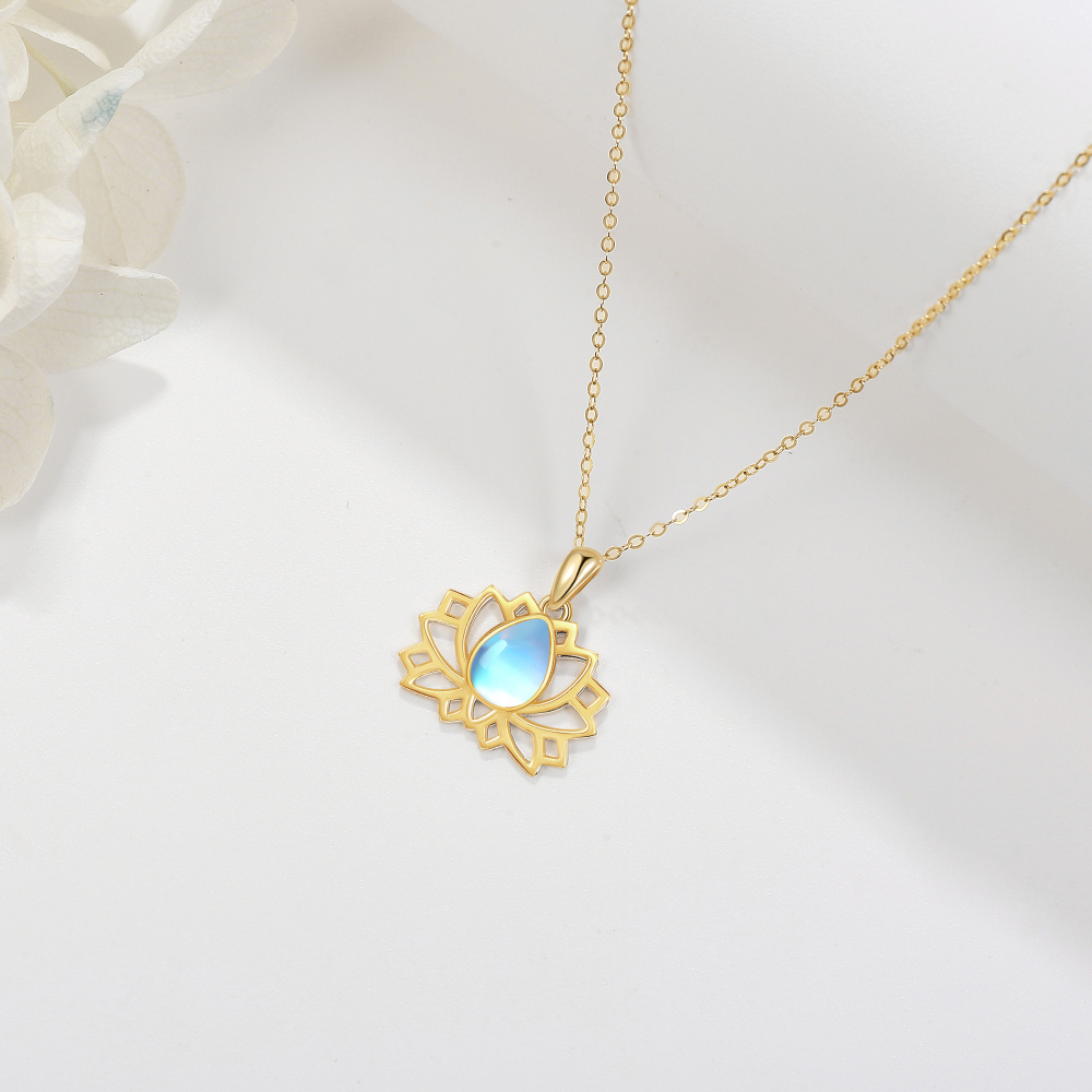 Collar de oro de 14 quilates con colgante de loto de piedra de luna en forma de pera-4
