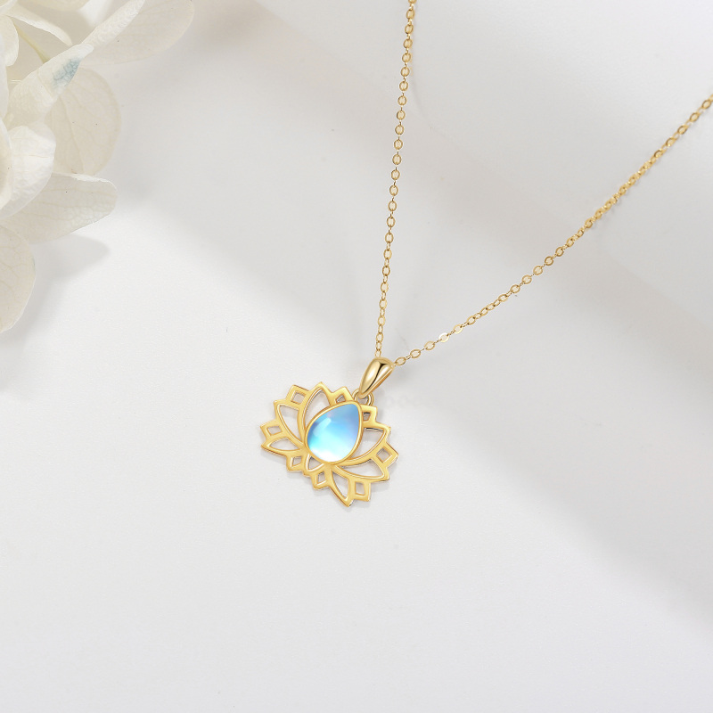 10K Gold Pear Shaped Moonstone Lotus Pendant Necklace-4