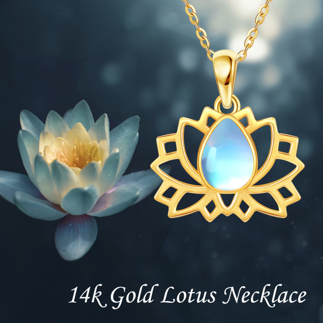 14K Gold Birnenförmiger Mondstein Lotus Anhänger Halskette-6