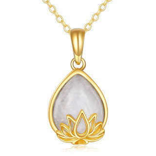 10K Gold Pear Shaped Moonstone Lotus Pendant Necklace-36