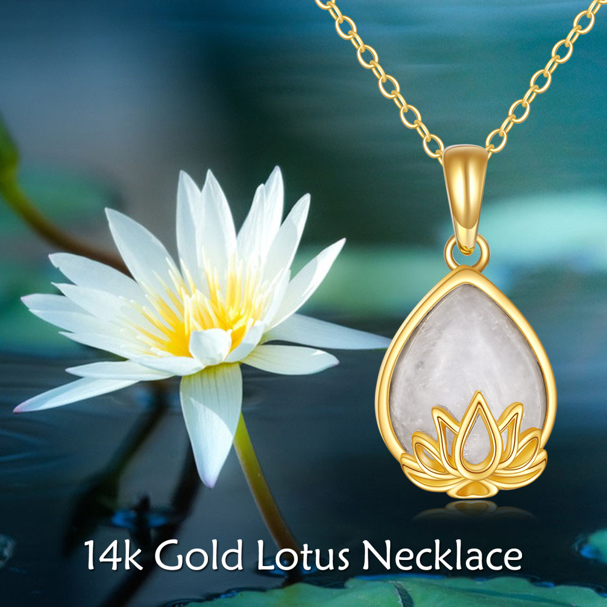 14K Gold Pear Shaped Moonstone Lotus Pendant Necklace-3