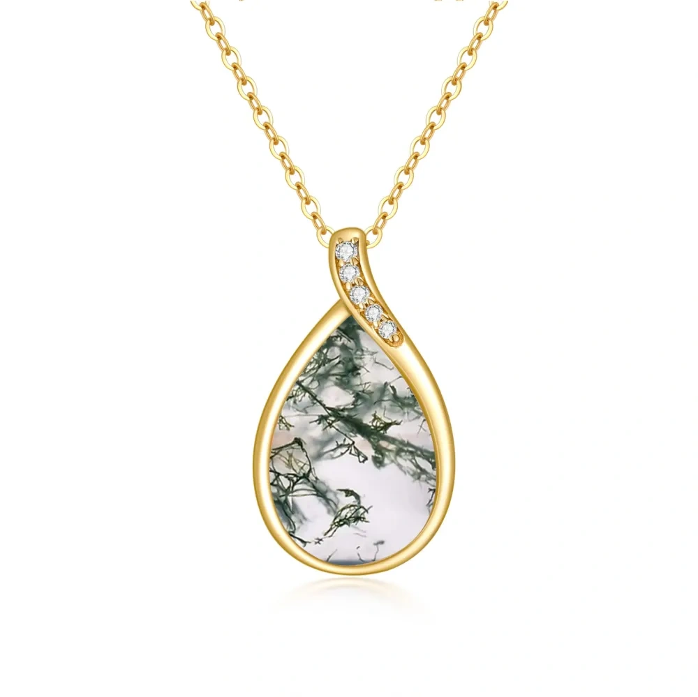 10K Gold Pear Shaped Moss Agate Drop Shape Pendant Necklace-1