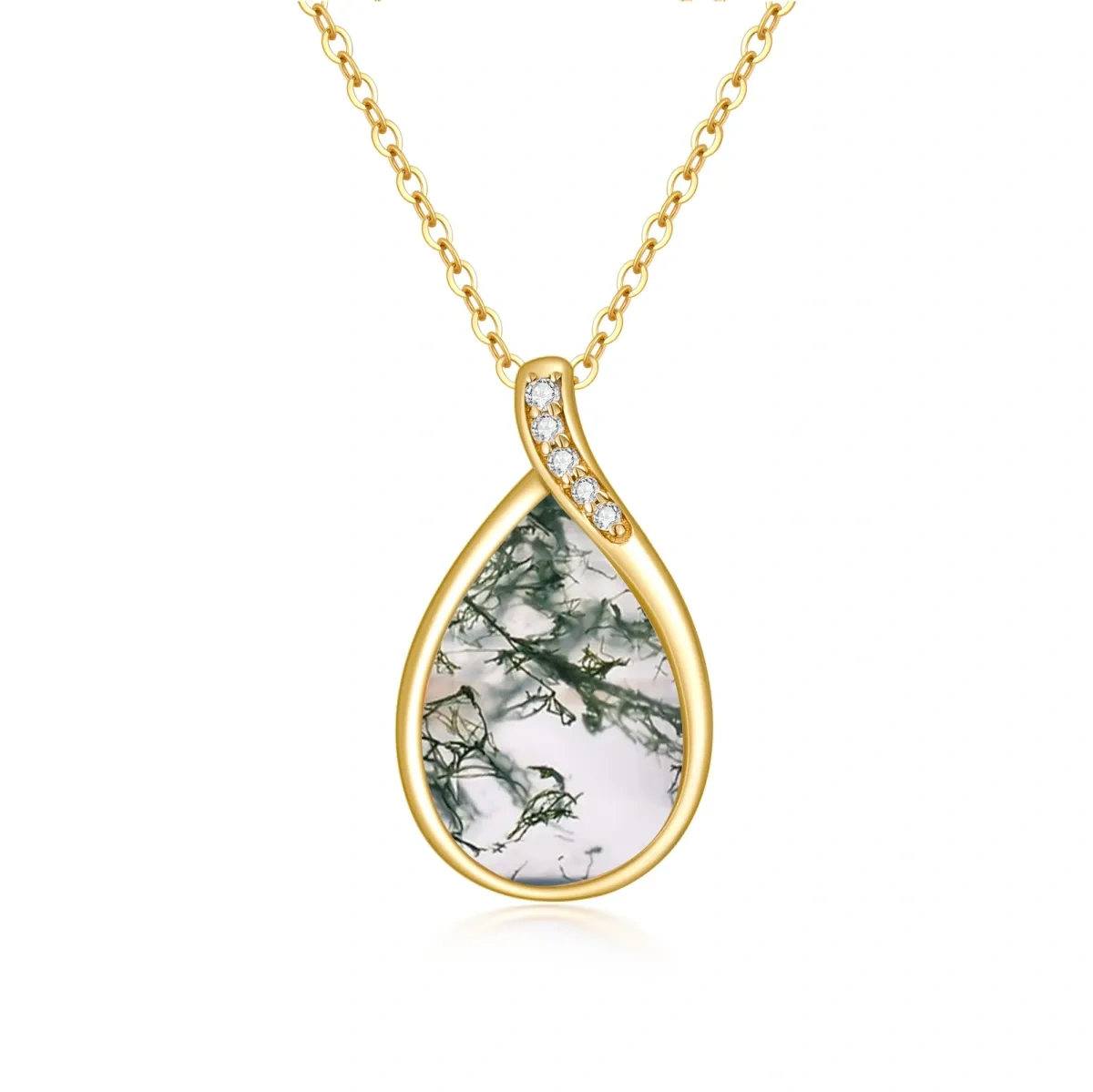 14K Gold Pear Shaped Moss Agate Drop Shape Pendant Necklace-1