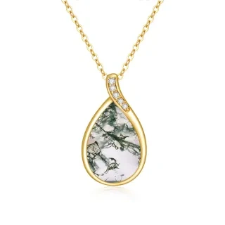 10K Gold Pear Shaped Moss Agate Drop Shape Pendant Necklace-20