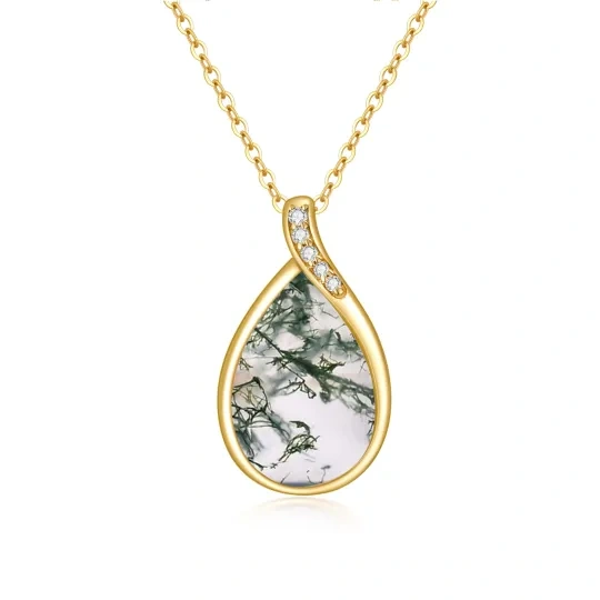 10K Gold Pear Shaped Moss Agate Drop Shape Pendant Necklace