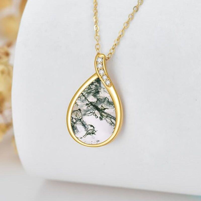 10K Gold Pear Shaped Moss Agate Drop Shape Pendant Necklace-3