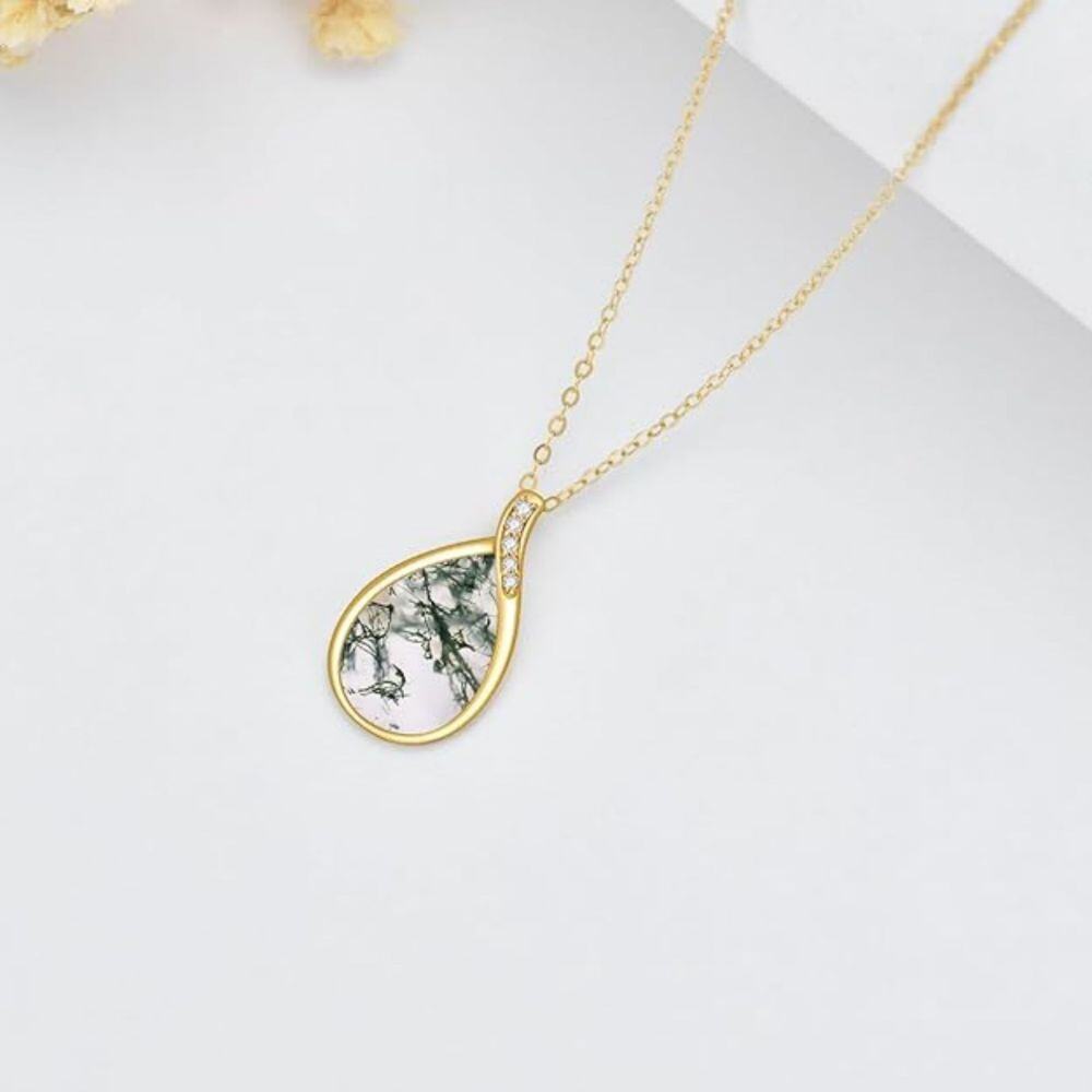 10K Gold Pear Shaped Moss Agate Drop Shape Pendant Necklace-4