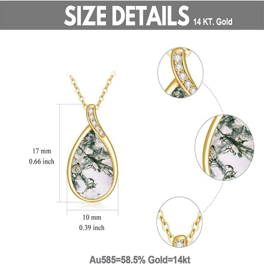 10K Gold Pear Shaped Moss Agate Drop Shape Pendant Necklace-5