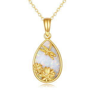 10K Gold Pear Shaped Opal Dragonfly Lotus Drop Shape Pendant Necklace-10