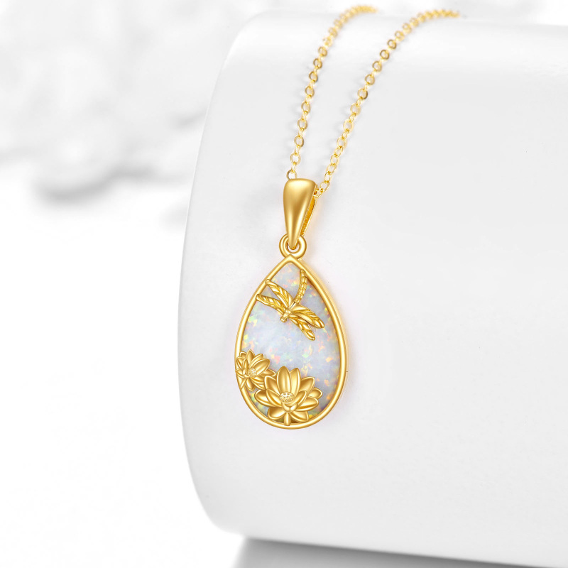 10K White Gold Pear Cut Opal Dragonfly & Lotus & Drop Shape Pendant Necklace-3